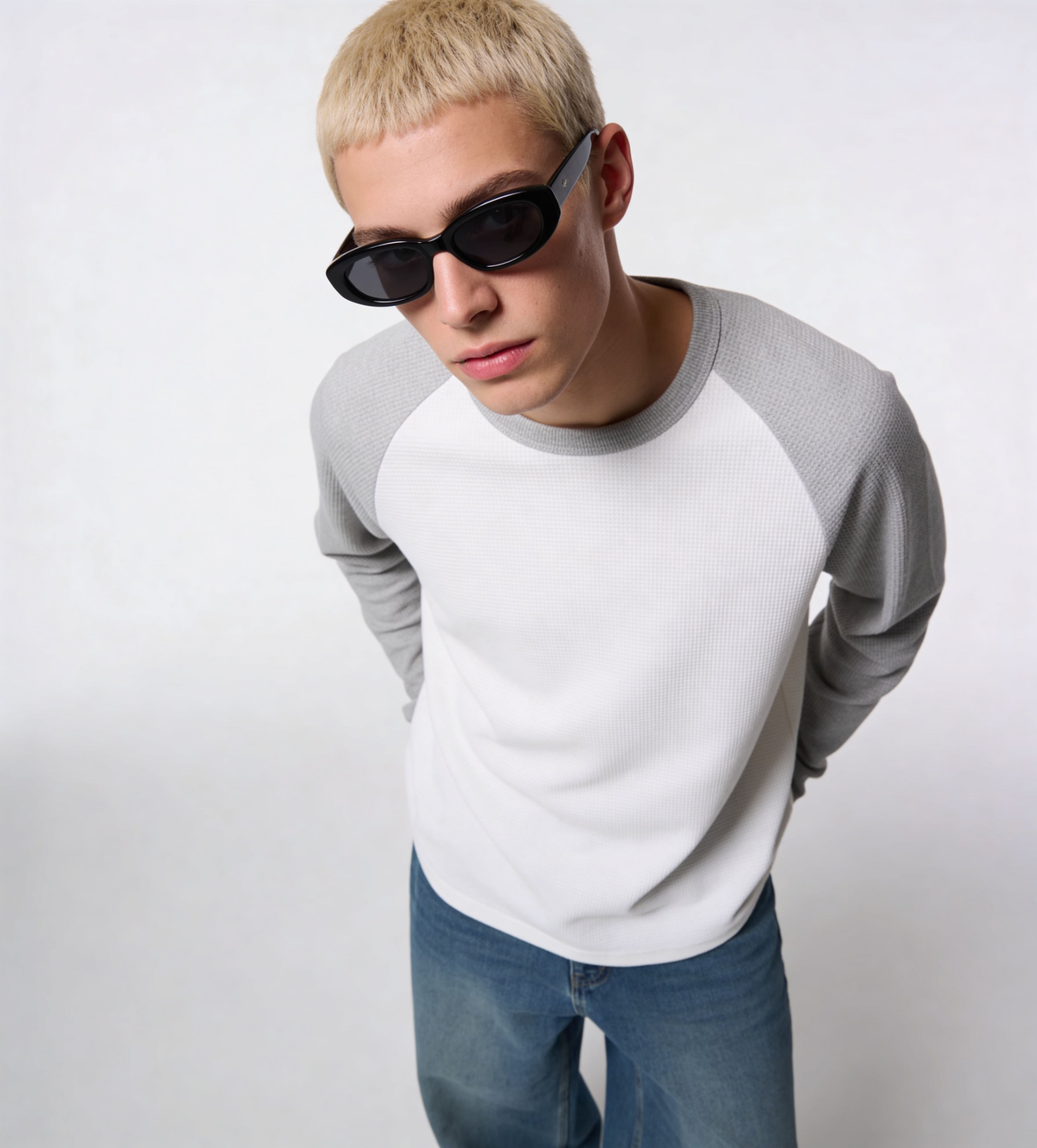 White & Nickel Grey Raglan oversized Full Sleeve Waffle T-Shirt