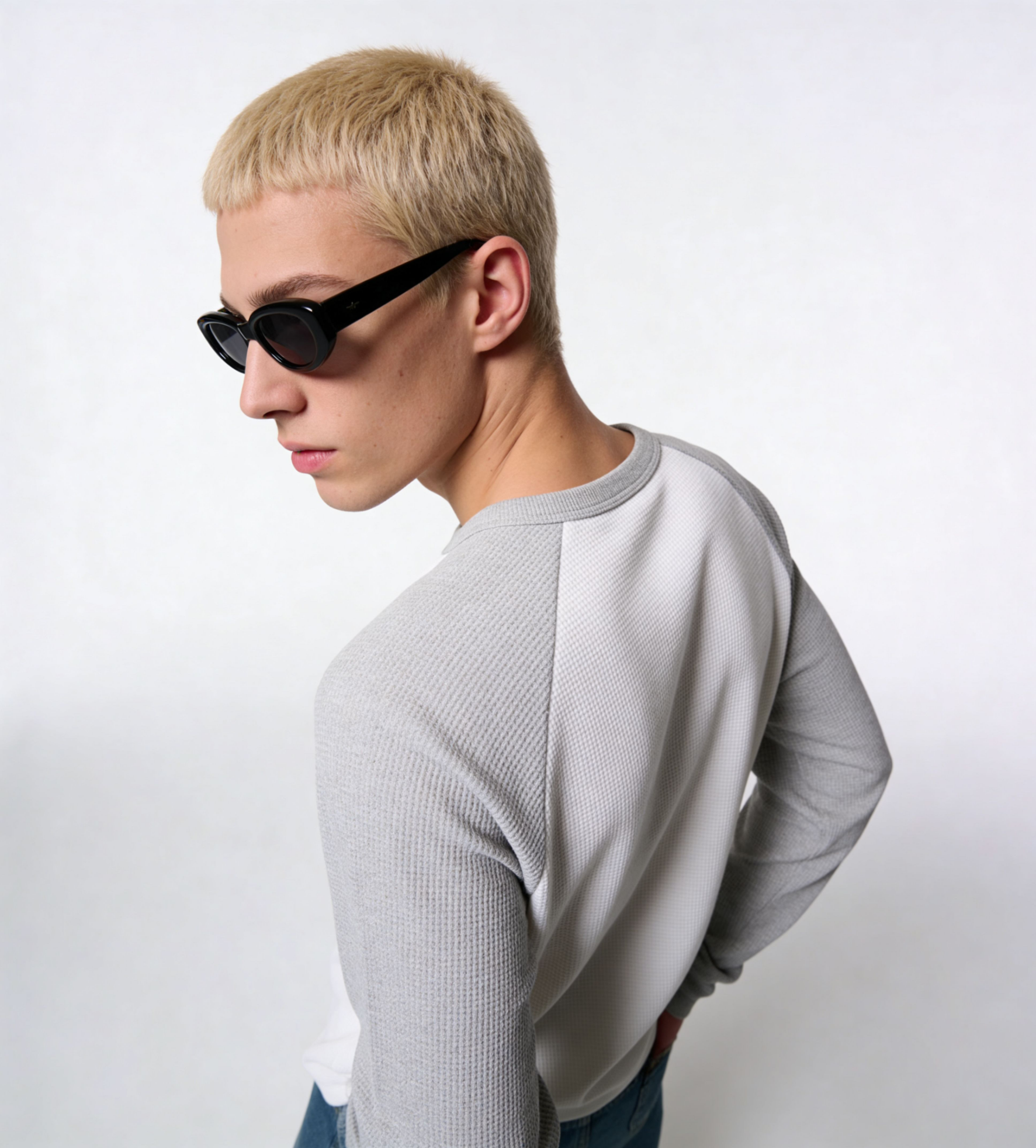 White & Nickel Grey Raglan oversized Full Sleeve Waffle T-Shirt