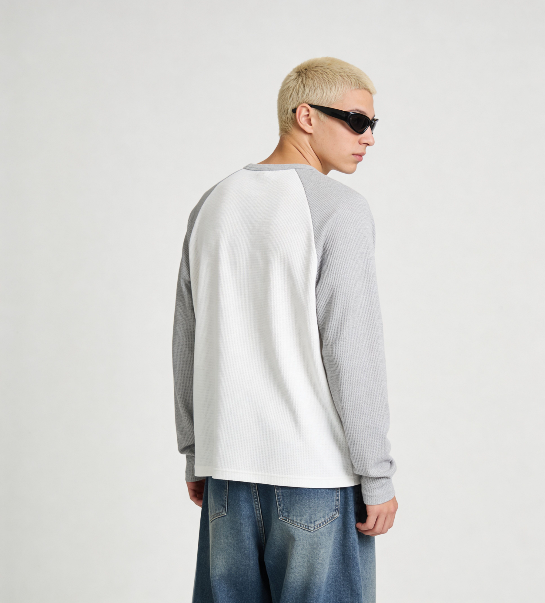 White & Nickel Grey Raglan oversized Full Sleeve Waffle T-Shirt