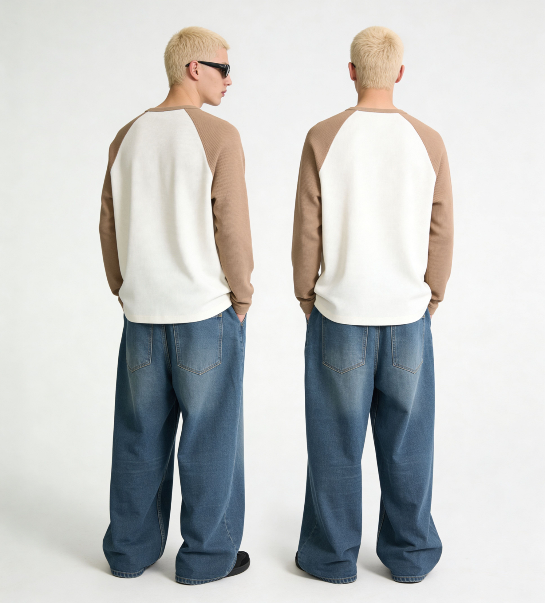 White & Brown Raglan oversized Full Sleeve Waffle T-Shirt