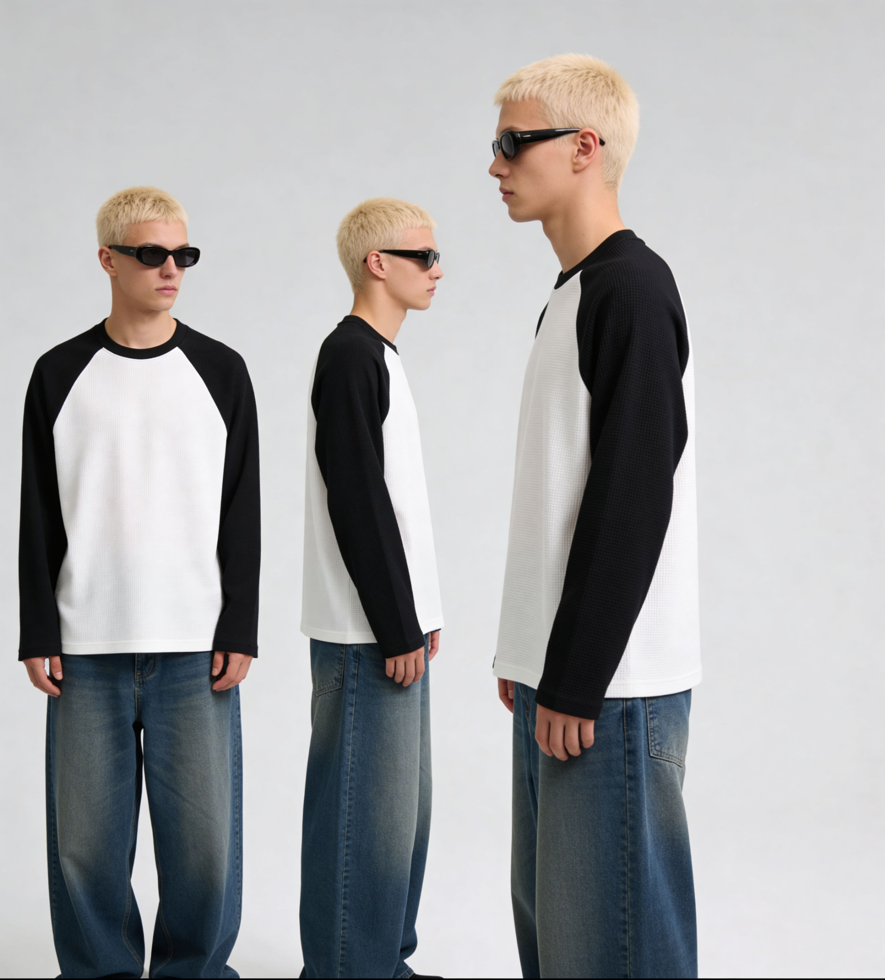 White Black Raglan oversized Full Sleeve Waffle T-Shirt