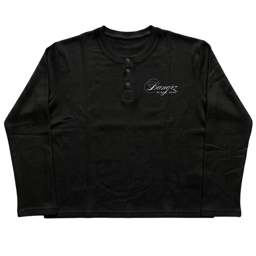 Black Henley waffle knit Front Design